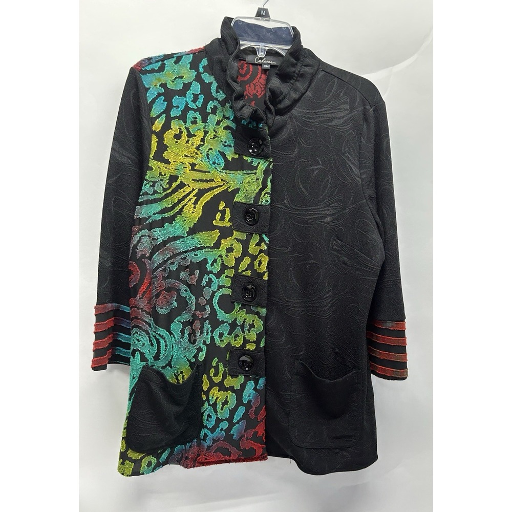 Calessa PM Button Up Multi Color Black Mock Neck Rayon Blend Top Blouse (C5)